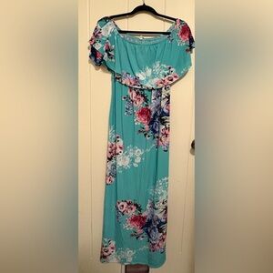 Classy Teal Floral Off-Shoulder Maxi Dress